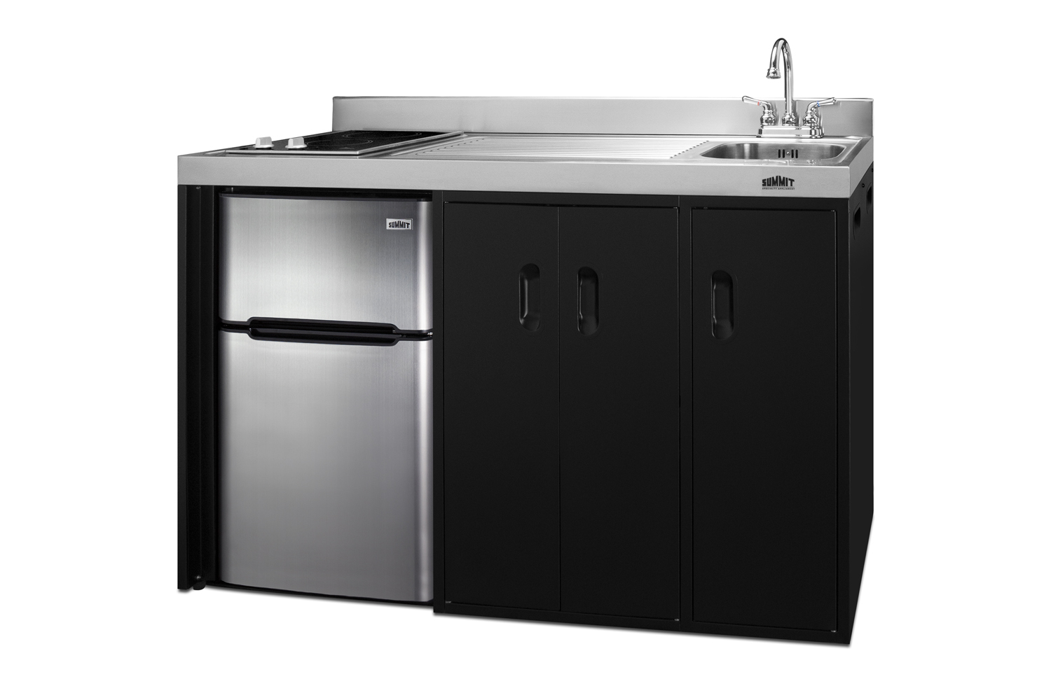 54 inch wide all-in-one kitchenette in black with a removable 2-burner 115V smooth top cooktop, 2-door refrigerator-freezer, sink, and two storage cabinets